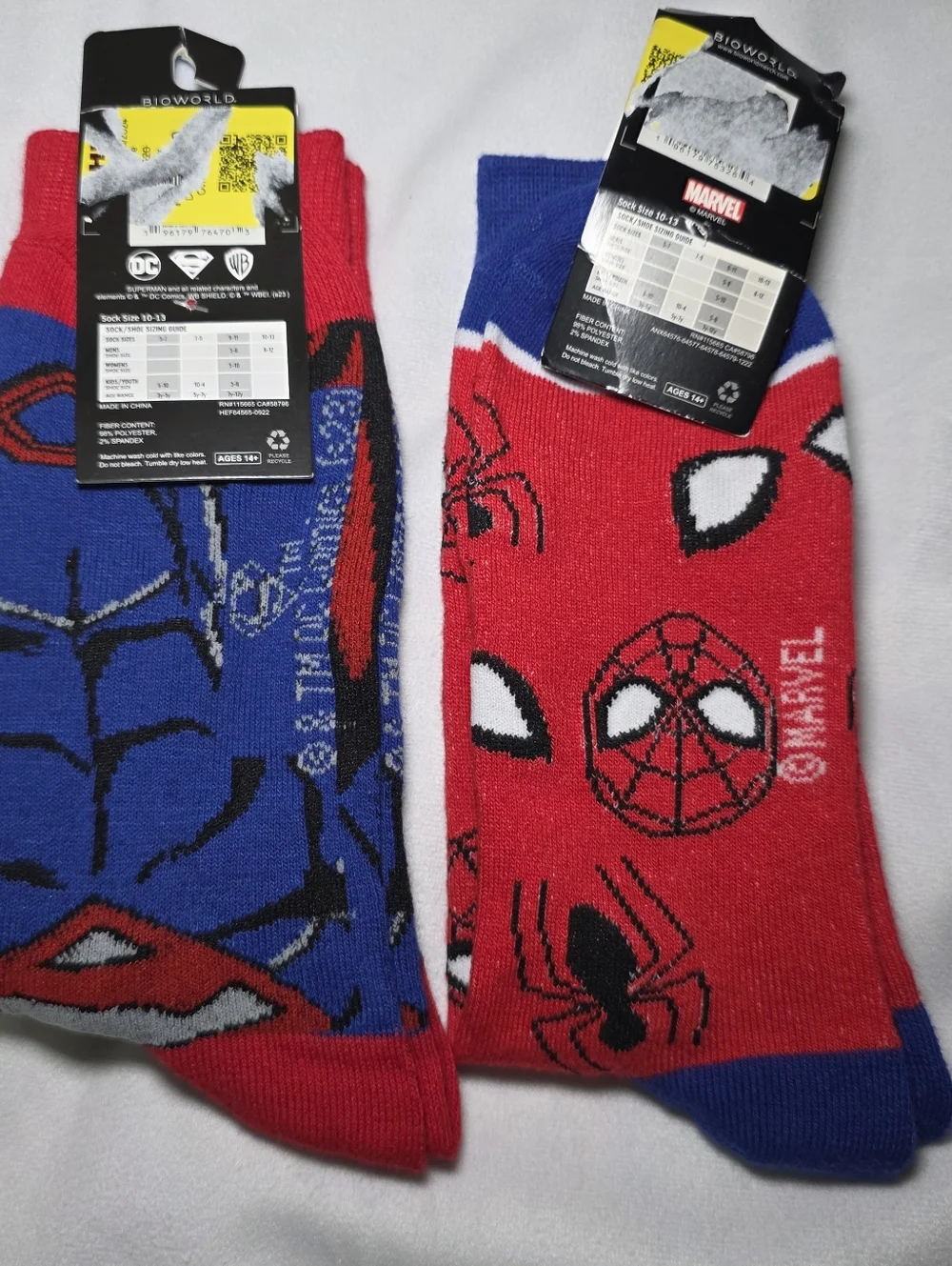 Superhero 2 Pk Sock Bundle- Superman & Spiderman Marvel DC Comics NEW